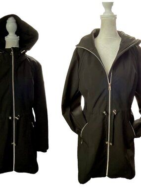 ELIZA J Women Hooded Full Zip Tie Waist Pockets Trench Coat Sz S Black Modern